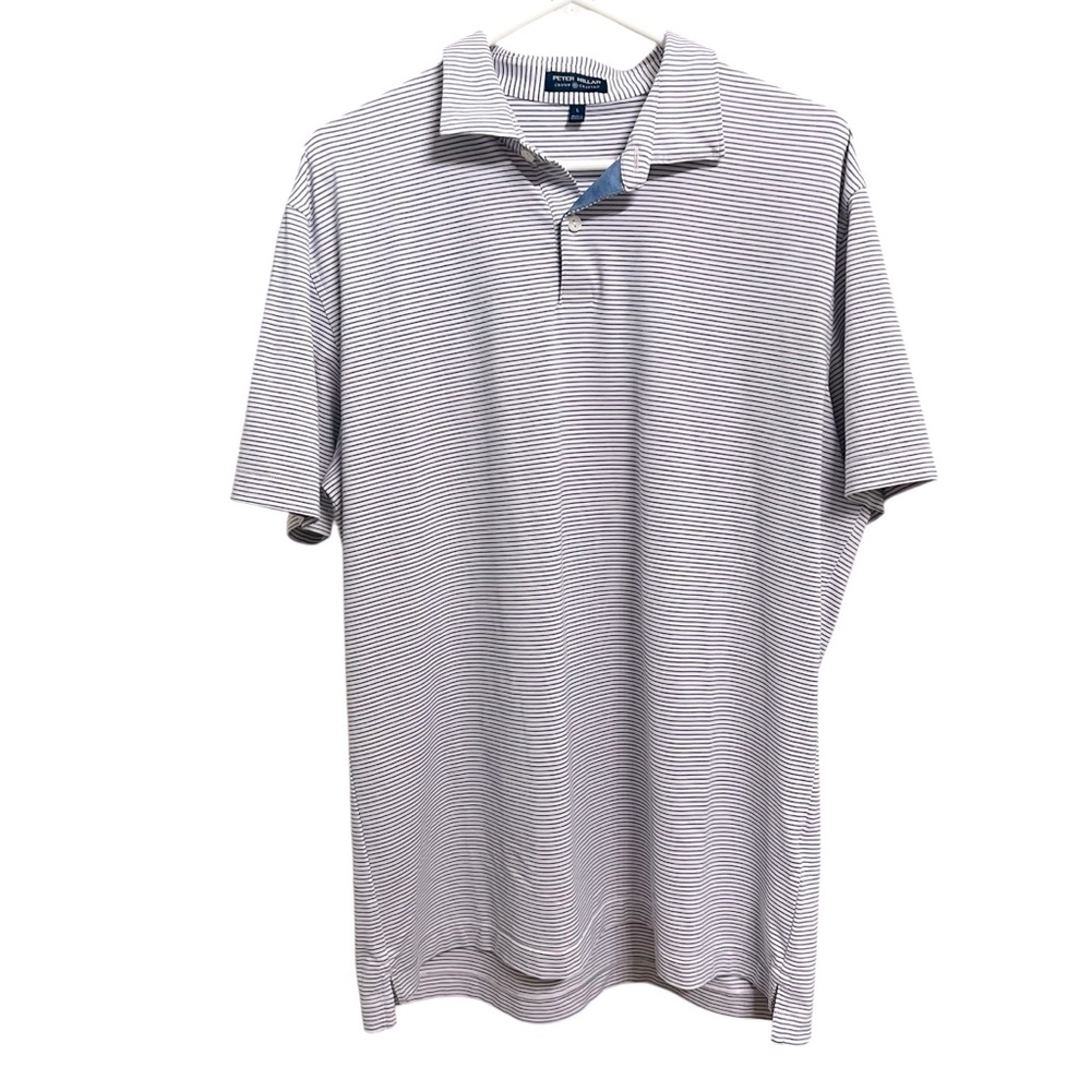 PETER MILLAR CROWN CRAFTED PINK NAVY STRIPED SHORT SLEEVE GOLF STRETCH POLO L